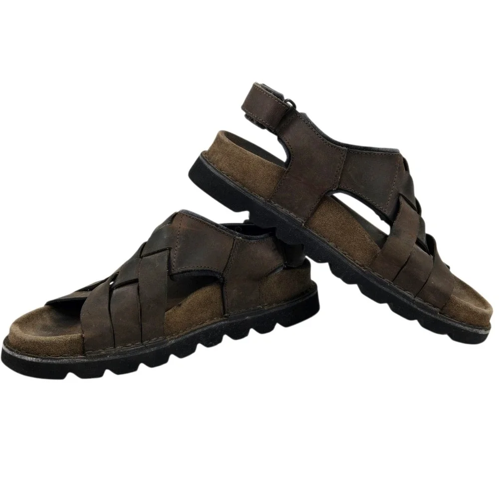 Rockport Mens 10 Crossband Brown Leather Sandals Fisherman MZ632 Open Toe Adjust